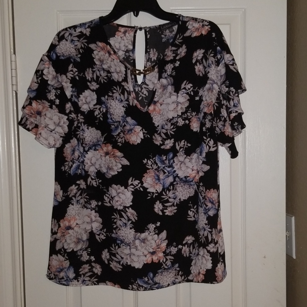 Black with floral prints and ruffles sleves